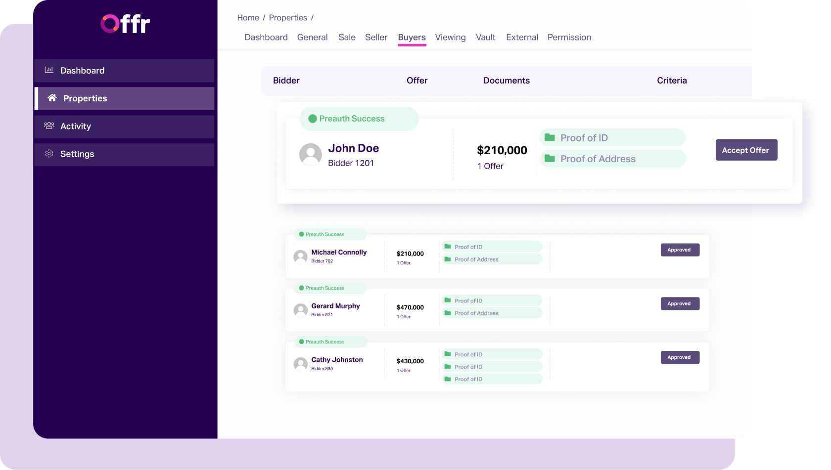 Offrs software displaying the proof a property to the agent and the benefits of an online property sale