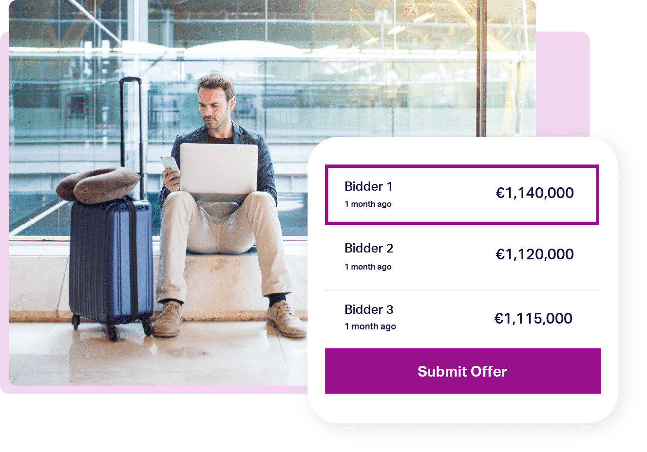 Man in an airport viewing the bids of an online property sale on his phone and laptop, demonstrating global accessibility